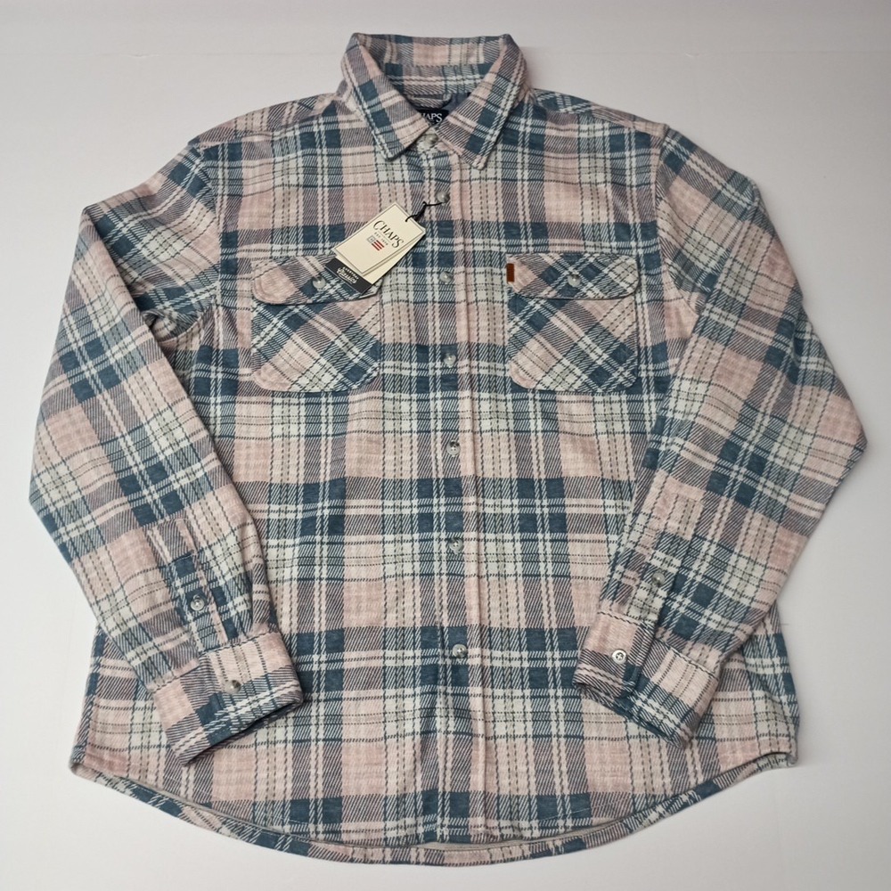 Chaps Lakeland Flannel Sea Pink Men's L Button Up Plaid Shirt Casual Preppy New
